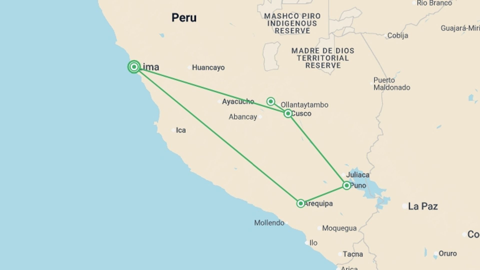 A map showing the tour itinerary for the trip: Peru Express, Italian-speaking Guide, starting in Lima, Peru and ending in Lima, Peru going through 4 other destinations.