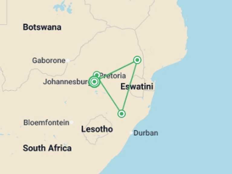 Map itinerary of Africa Tour in June 2026 with 4 destination visits for the trip: Safari in South Africa - 8 days