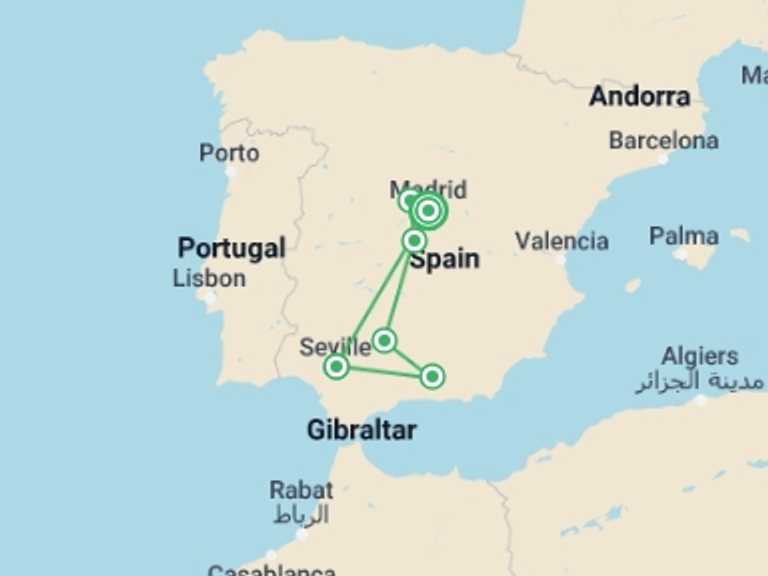 Map itinerary of Spain Tour in February 2026 with 5 destination visits for the trip: Madrid To Andalusia, Self-drive