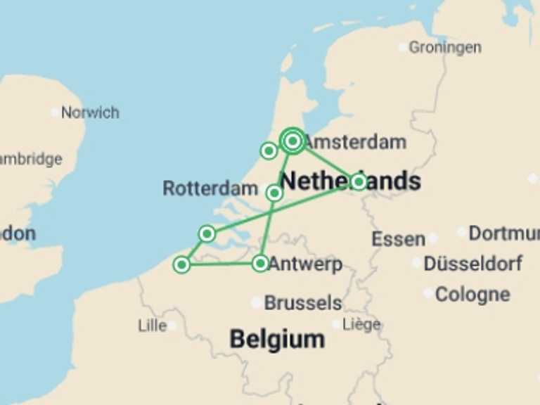 Map of Holland Tour with 6 destination visits for the trip: Holland and Belgium Springtime River Cruise