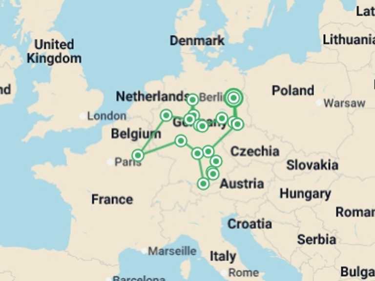 Map itinerary of Europe Tour in January 2027 with 8 destination visits for the trip: Great Cities and Castles Route