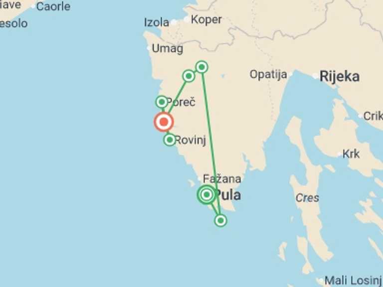 Map itinerary of Porec Tour in Fall with 7 destination visits for the trip: Walking Croatia's Istrian Peninsula