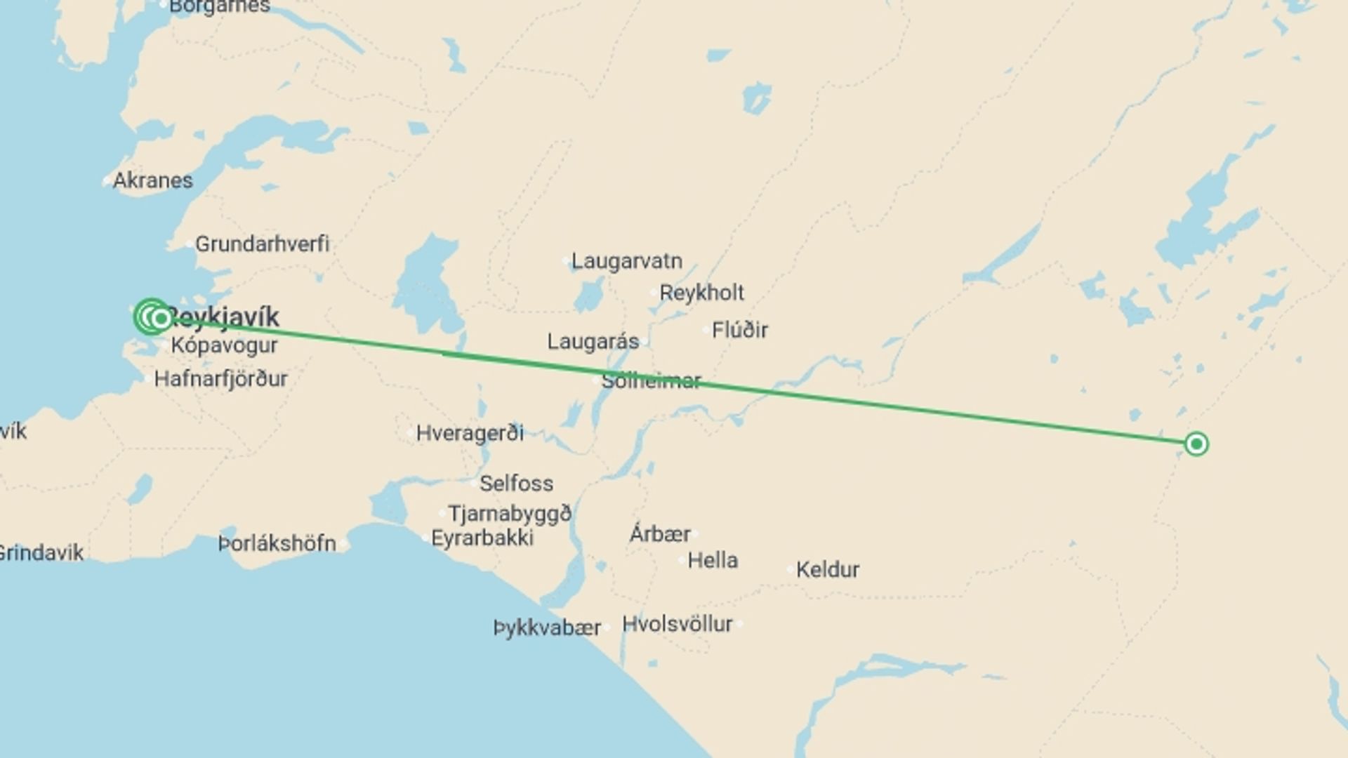 A map showing the tour itinerary for the trip: Iceland's Laugavegur Trail, starting in Reykjavik, Iceland and ending in Reykjavik, Iceland going through 2 other destinations.