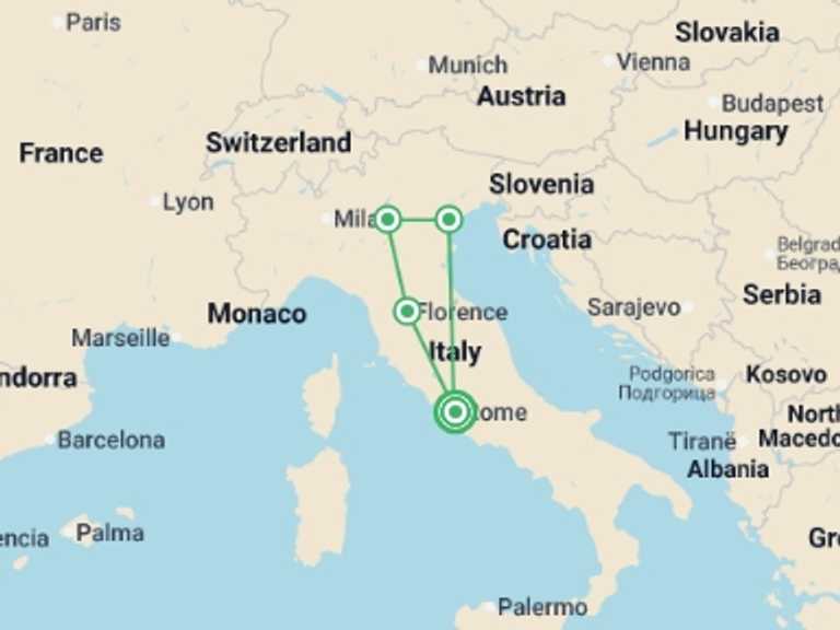 Map itinerary of Europe Tour in May 2026 with 5 destination visits for the trip: Italian Holiday