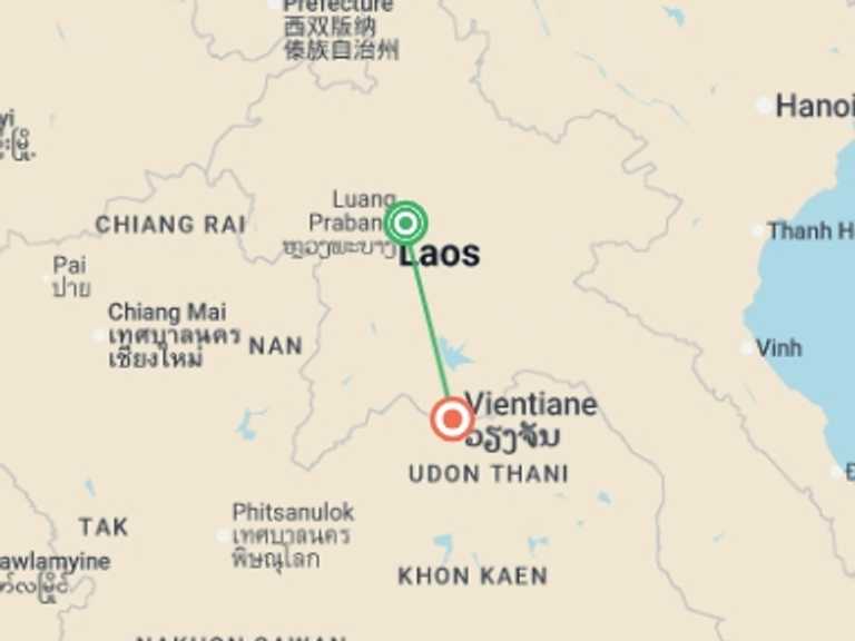 Map itinerary of Asia Tour in October 2026 with 2 destination visits for the trip: Luang Prabang to Vientiane - 6 days