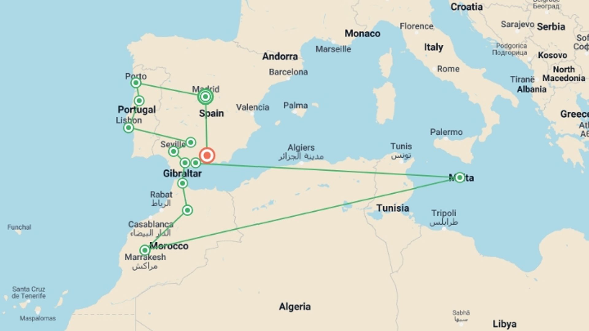 A map showing the tour itinerary for the trip: Amazing Spain Portugal and Morocco, starting in Madrid, Spain and ending in Granada, Spain going through 11 other destinations.