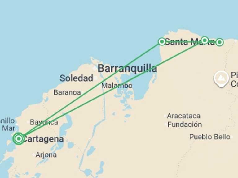 Map of South America Tour with 5 destination visits for the trip: Coastal Colombia