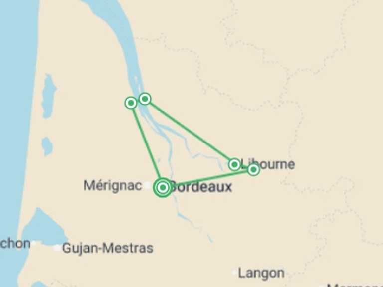 Map of Bordeaux Cruise Tour with 4 destination visits for the trip: Oenological cruise: At the heart of a prestigious wine region (port-to-port cruise)