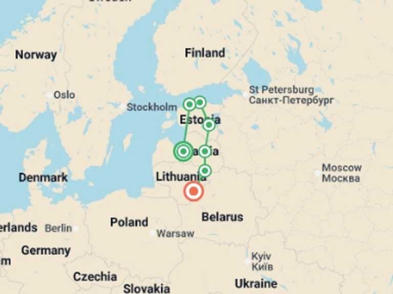 Map of a Explorer Tour with 7 destination visits for the trip: Best of the Baltics - 11 days