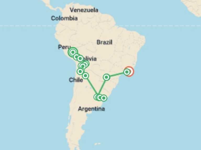 Map of South America Tour with 19 destination visits for the trip: Cusco to Rio