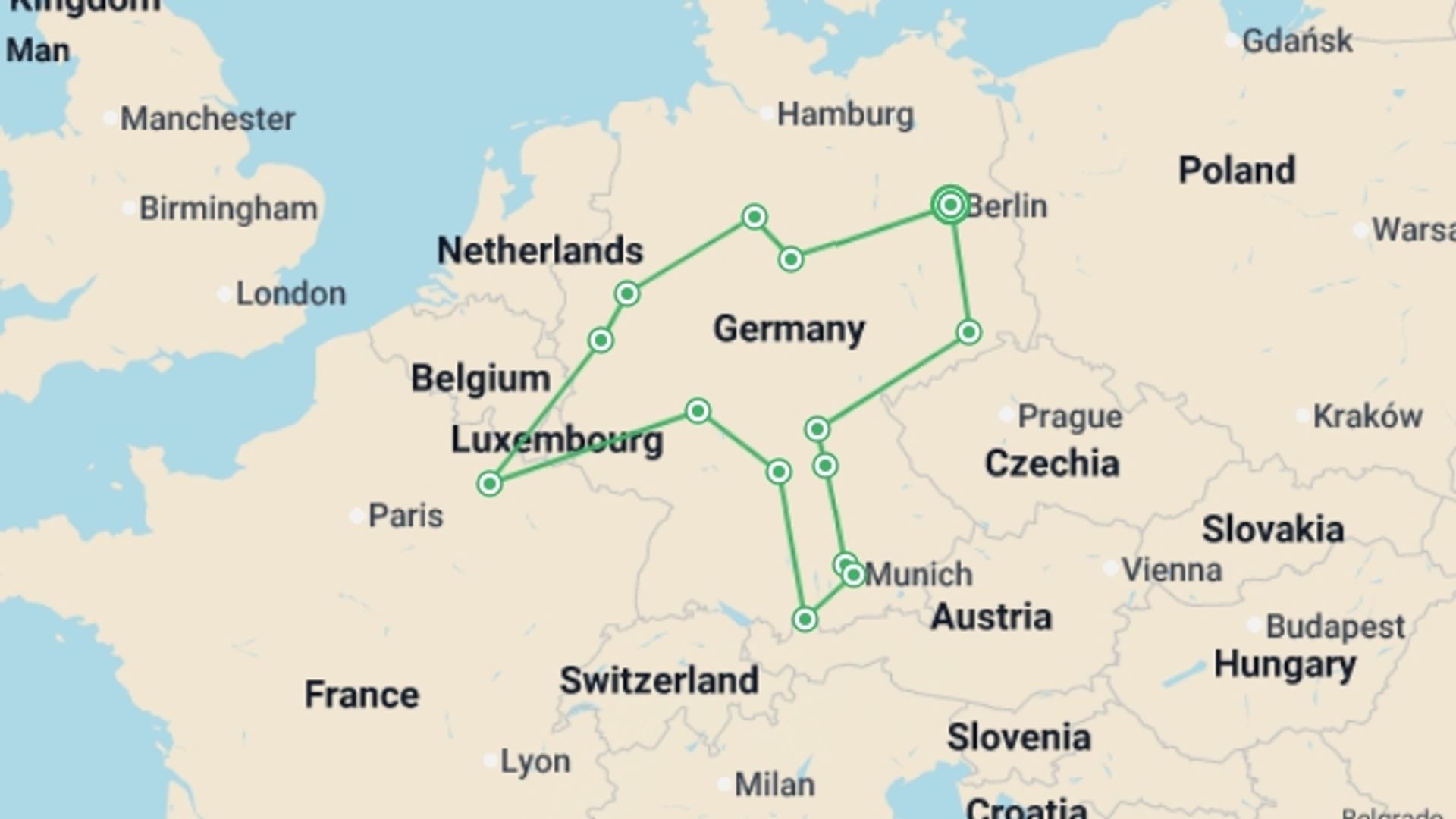 A map showing the tour itinerary for the trip: Germany´s Best, starting in Berlin, Germany and ending in Berlin, Germany going through 5 other destinations.