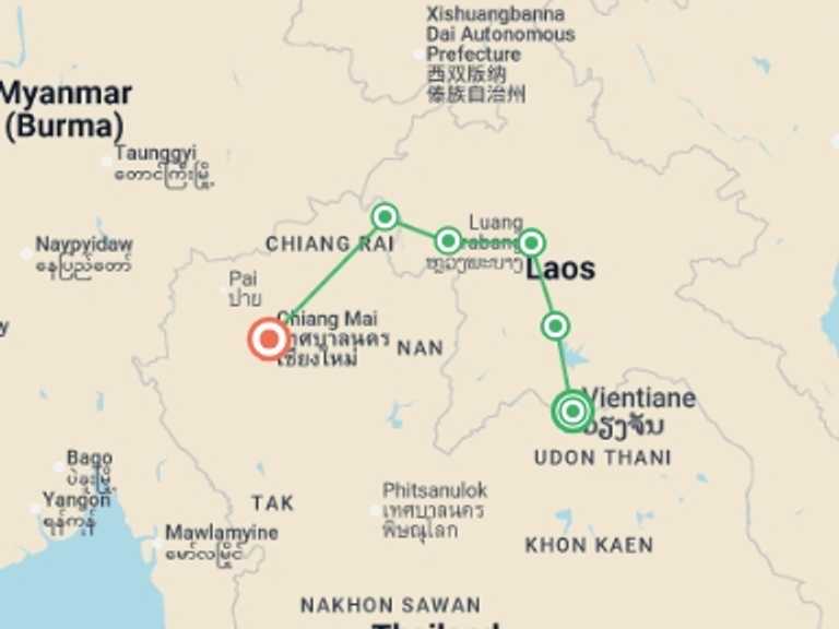 Map itinerary of Asia Tour in April 2027 with 6 destination visits for the trip: Laos: Sunrises & Street Food