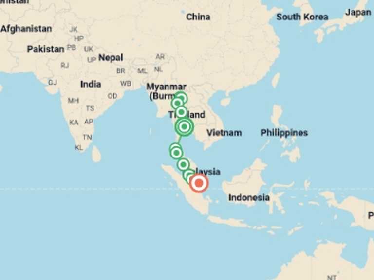 Map itinerary of Chiang Rai Tour in May 2026 with 11 destination visits for the trip: Epic Bangkok to Singapore