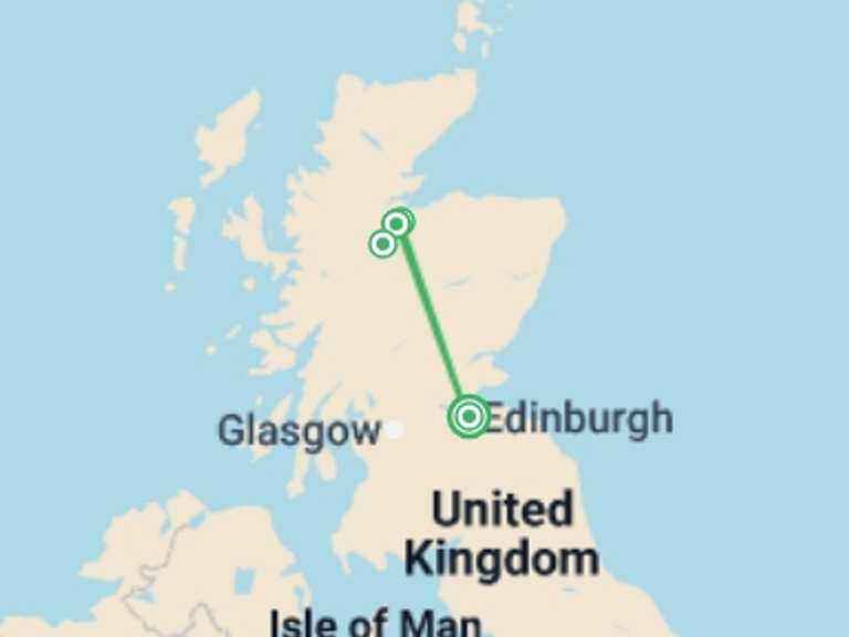 Map of Scotland Tour with 2 destination visits for the trip: Edinburgh to Inverness & Skye - 3 days