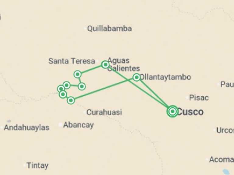 Map of South America Tour with 10 destination visits for the trip: Inca Rivers Trek - Choquequirao to Machu Picchu