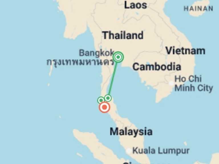 Map of South East Asia Beach Tour with 5 destination visits for the trip: Southern Thai Highlights
