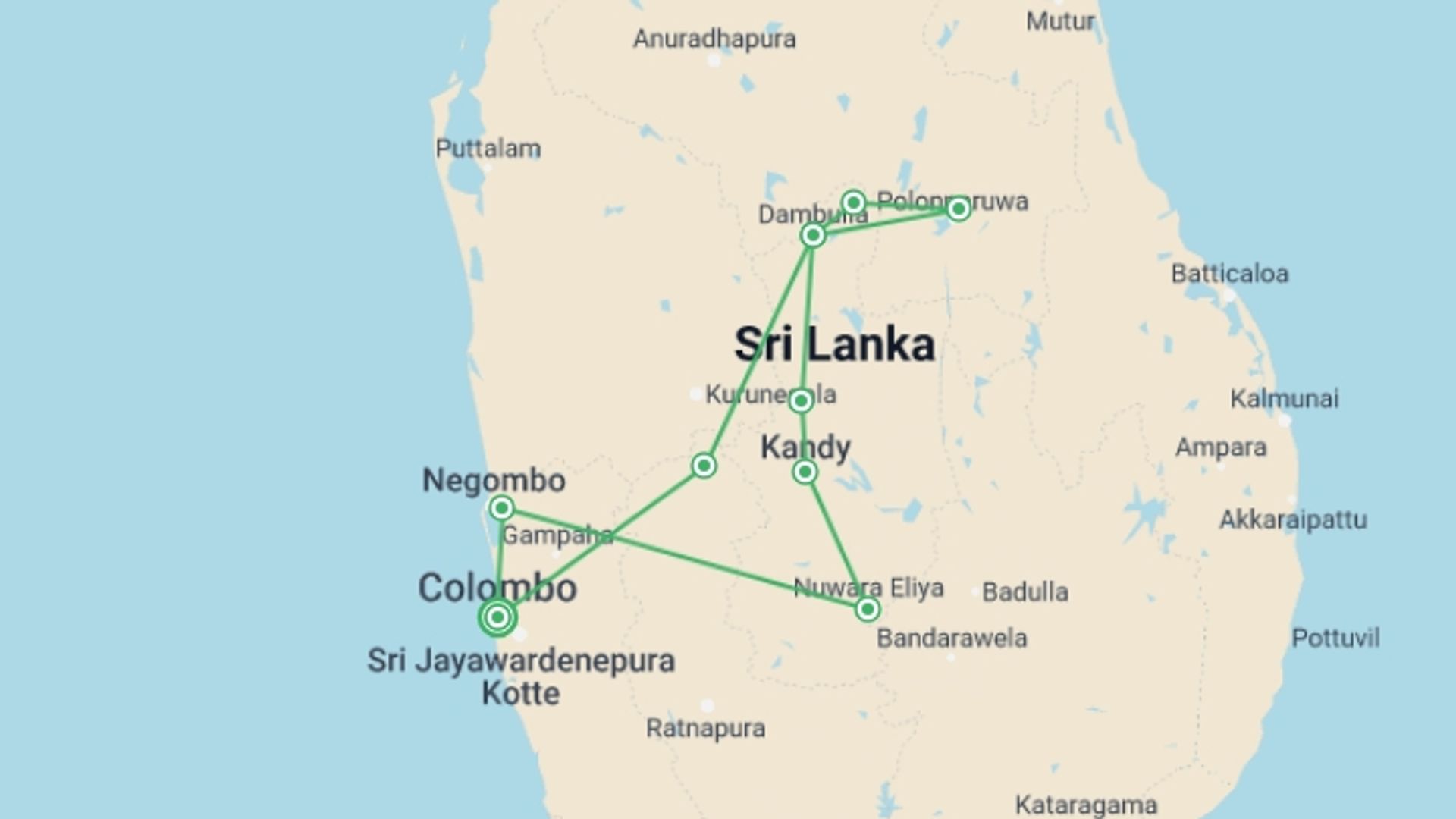 A map showing the tour itinerary for the trip: Treasures of Sri Lanka, starting in Colombo, Sri Lanka and ending in Colombo, Sri Lanka going through 4 other destinations.