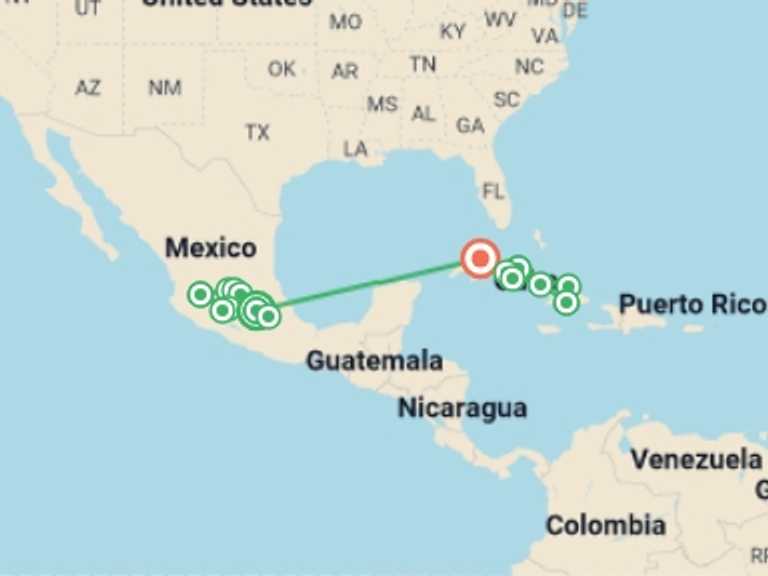 Map of Mexico City Walking Tour with 12 destination visits for the trip: Central Mexico and Unforgettable Cuba