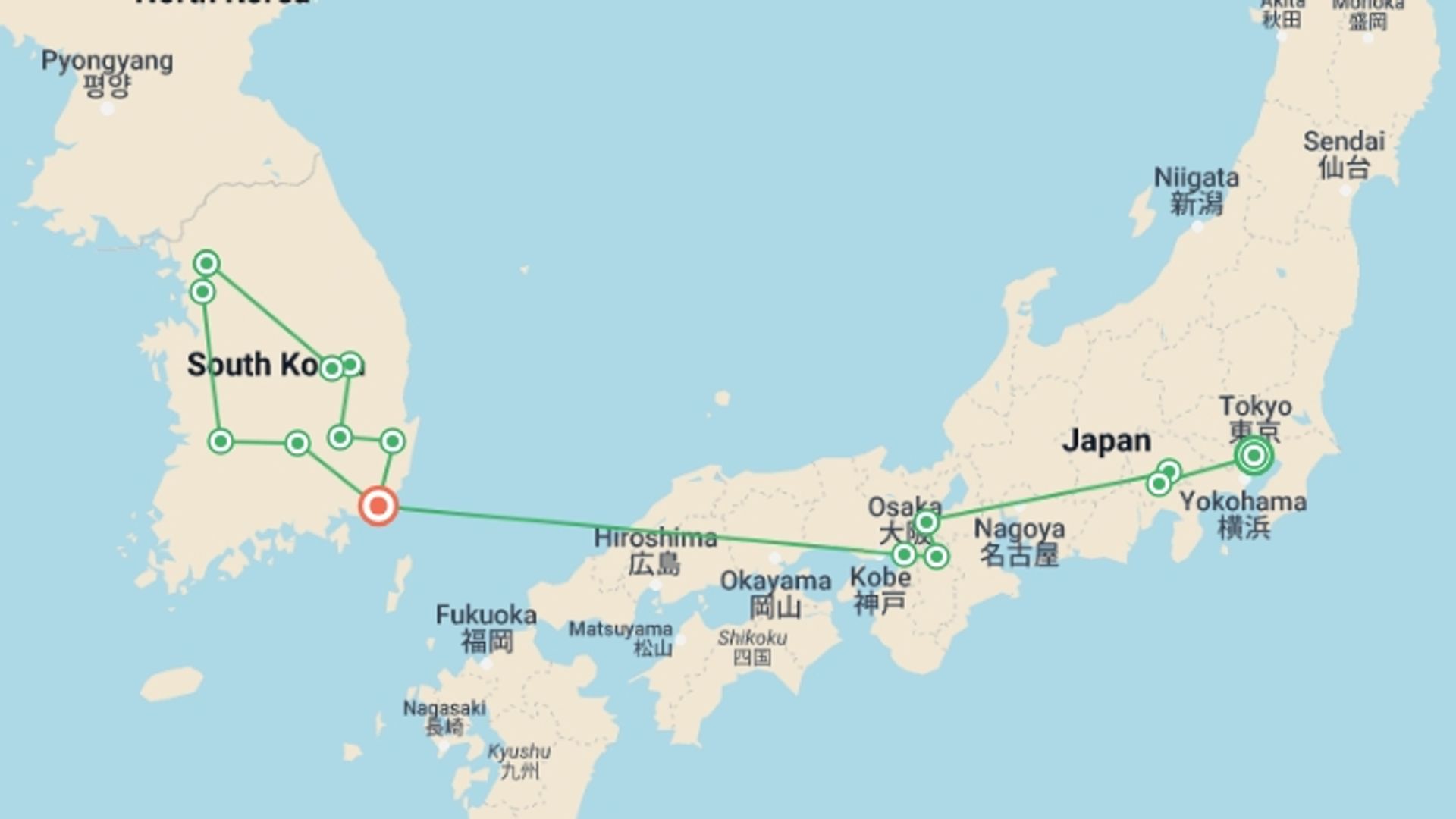 A map showing the tour itinerary for the trip: Essential Japan and Complete Korea, starting in Tokyo, Japan and ending in Busan, South Korea going through 6 other destinations.