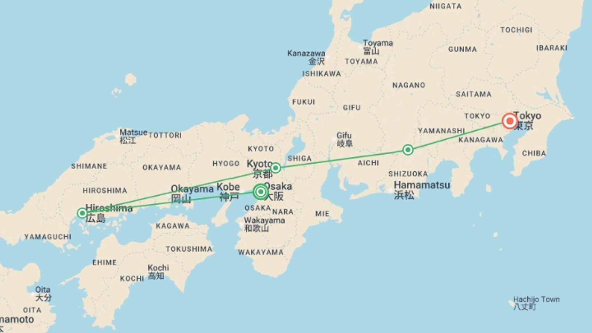 A map showing the tour itinerary for the trip: Legendary Japan, starting in Osaka, Japan and ending in Tokyo, Japan going through 4 other destinations.