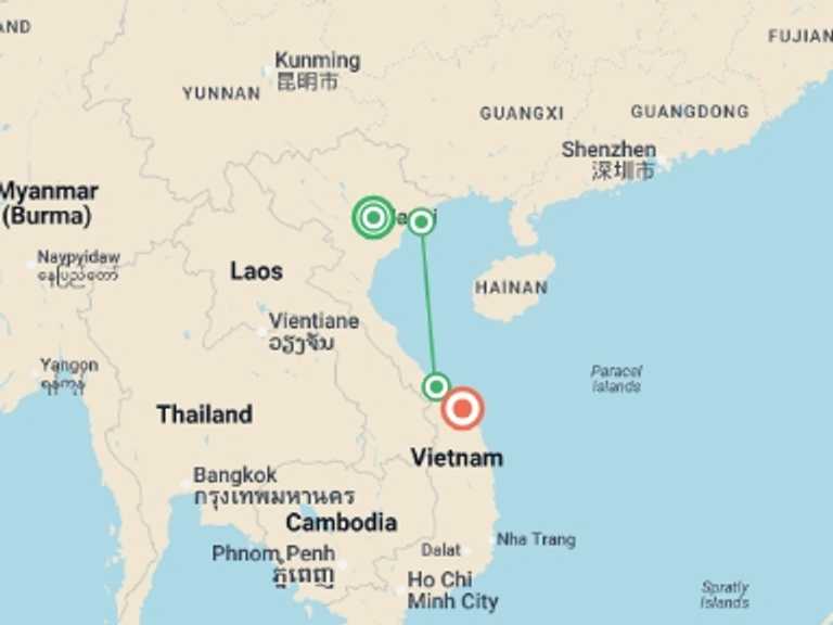 Map itinerary of Hanoi Tour in September 2026 with 4 destination visits for the trip: Full Moon Festival Express - 8 days
