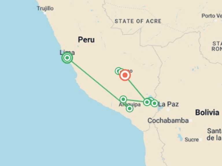 Map itinerary of Lima Tour in July 2026 with 5 destination visits for the trip: Living Peru