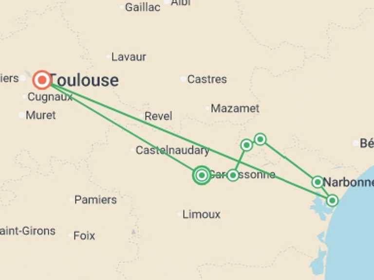 Map itinerary of Europe Tour in Spring with 7 destination visits for the trip: Cycling in France - Canals and Castles of the Midi