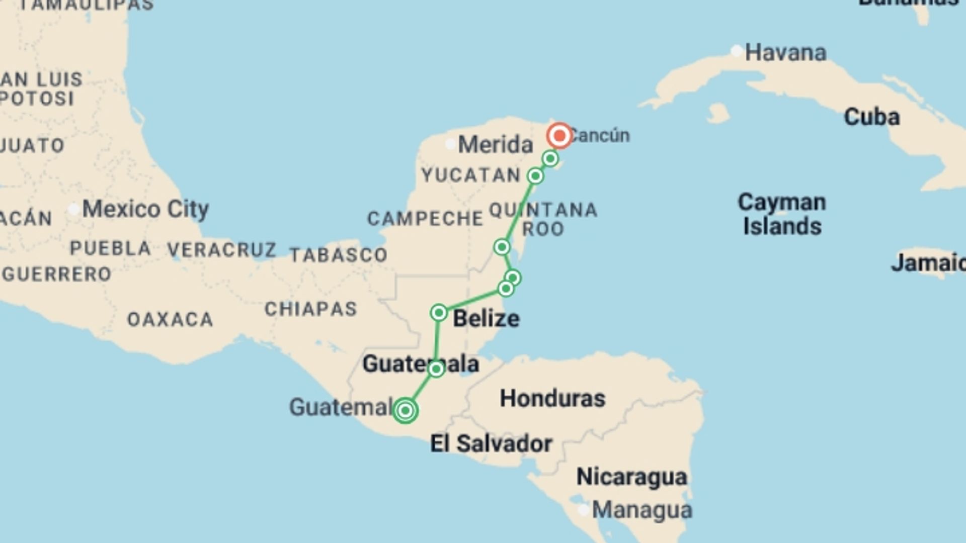 A map showing the tour itinerary for the trip: Antigua to Cancun Express Travel Pass, starting in Antigua, Guatemala and ending in Cancún, Mexico going through 7 other destinations.