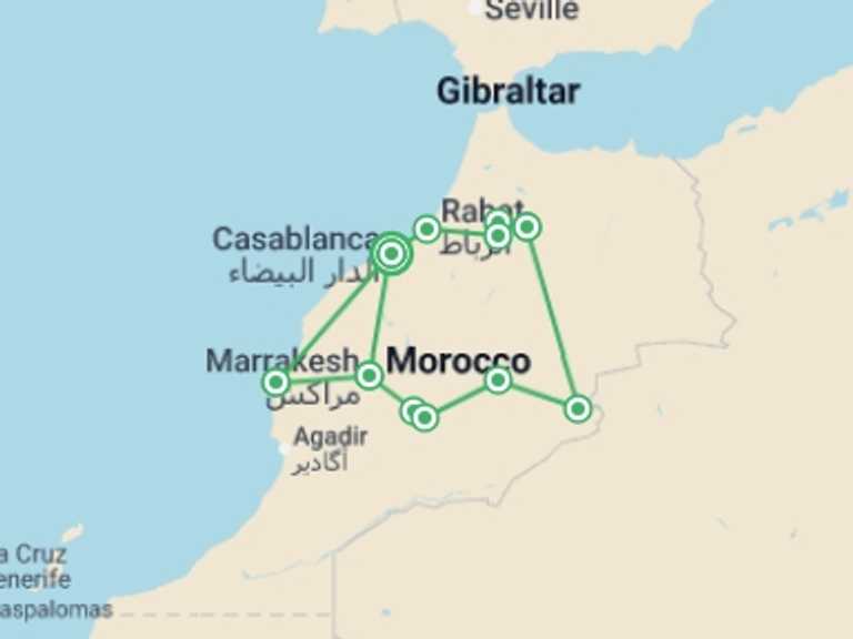 Map of a Local culture Tour with 8 destination visits for the trip: Casablanca to Essaouira - 13 days