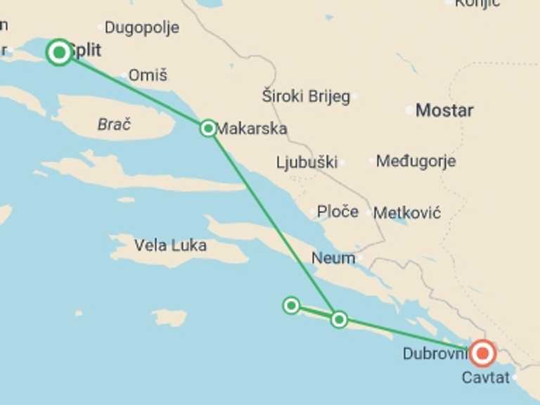 Map of Makarska Tour with 4 destination visits for the trip: Split to Dubrovnik Mini-Cruise (Premium Plus) - 3 days