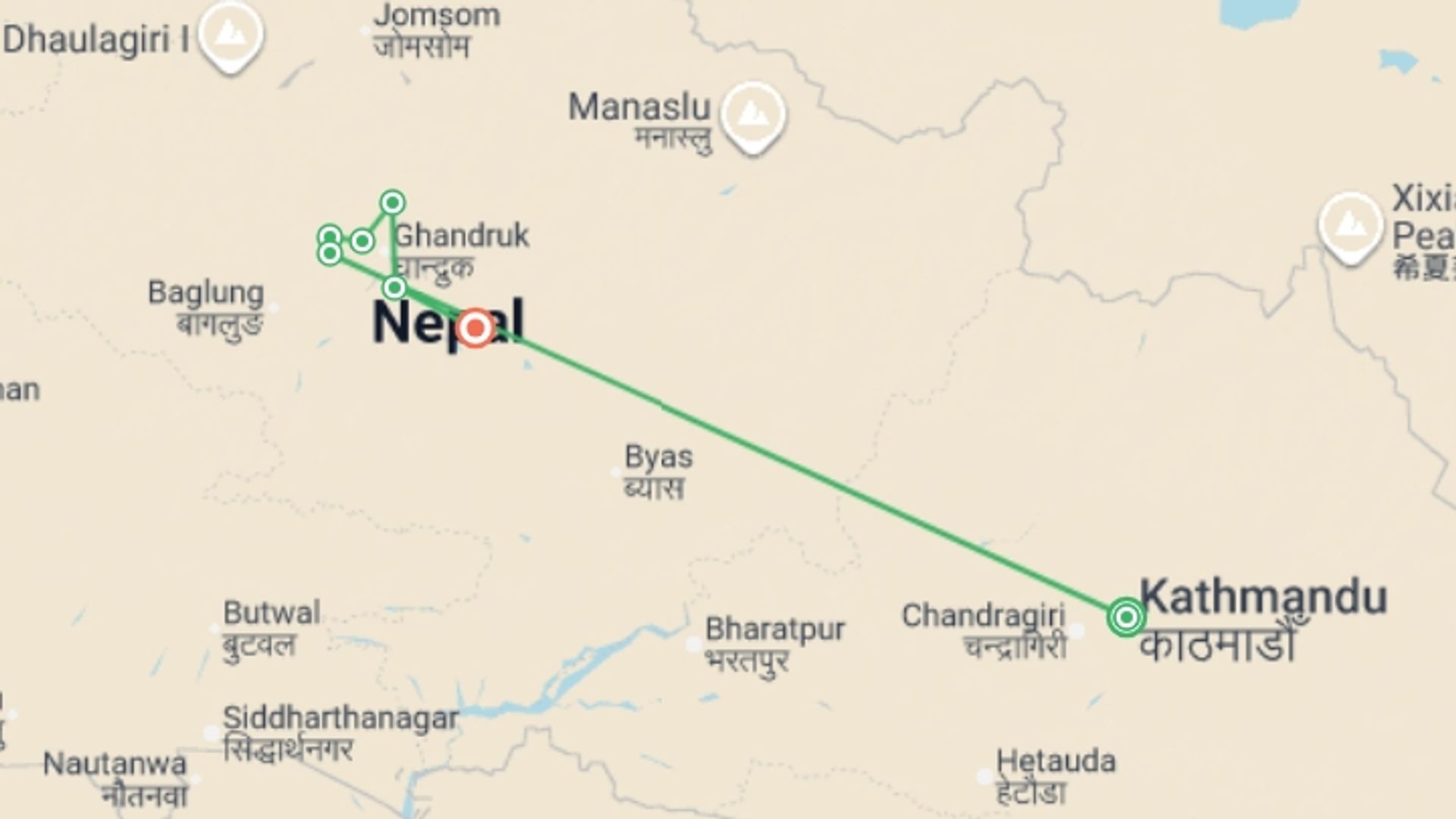 A map showing the tour itinerary for the trip: Annapurna Foothills, starting in Kathmandu, Nepal and ending in Pokhara, Nepal going through 5 other destinations.