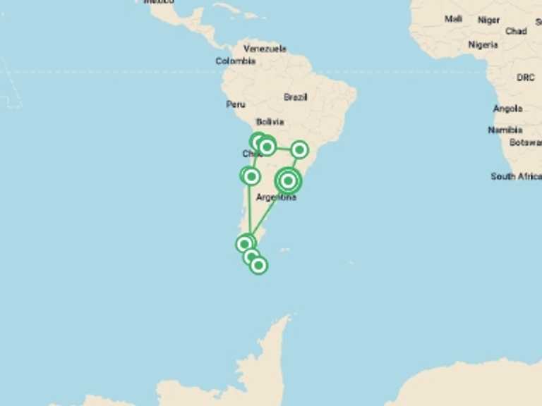 Map itinerary of Chile Tour in March 2026 with 15 destination visits for the trip: Best of Argentina and Chile Tour