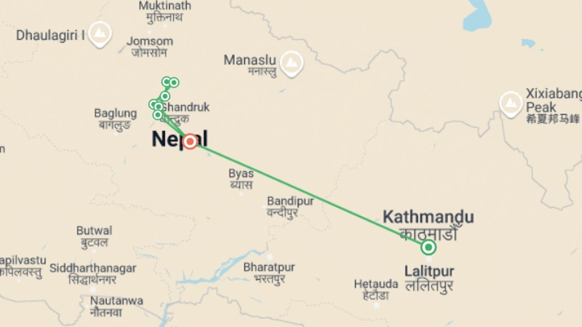 A map showing the tour itinerary for the trip: Annapurna Base Camp Trek - 9 Days, starting in Kathmandu, Nepal and ending in Pokhara, Nepal going through 8 other destinations.