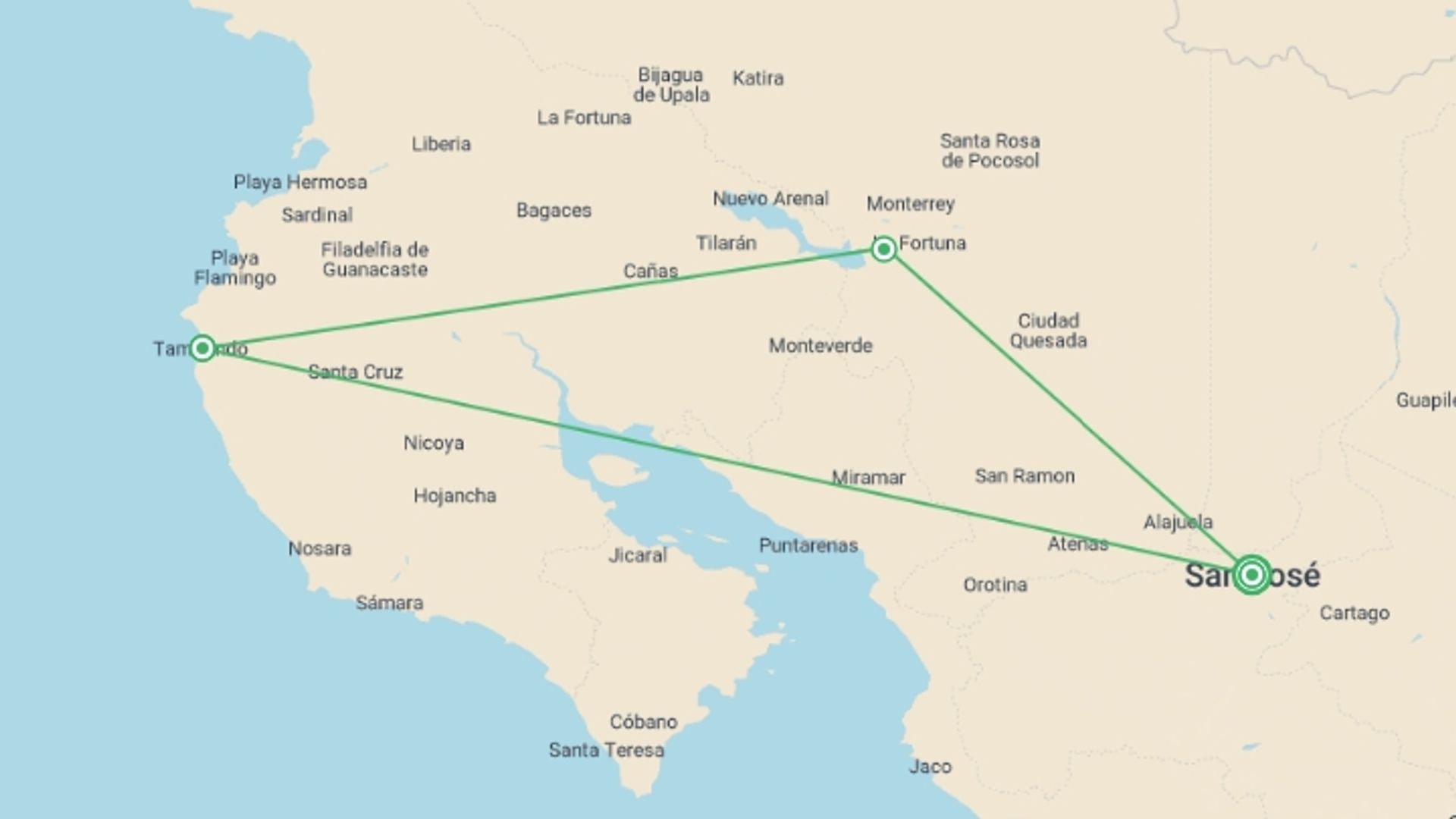 A map showing the tour itinerary for the trip: Fantasy On Beaches And Volcanoes, Self-drive, starting in San Jose, Costa Rica and ending in San Jose, Costa Rica going through 2 other destinations.