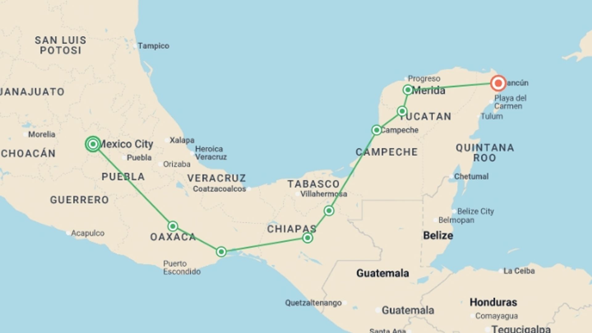 A map showing the tour itinerary for the trip: Essence Of Mexico, French-speaking Guide, starting in Mexico City, Mexico and ending in Cancún, Mexico going through 6 other destinations.