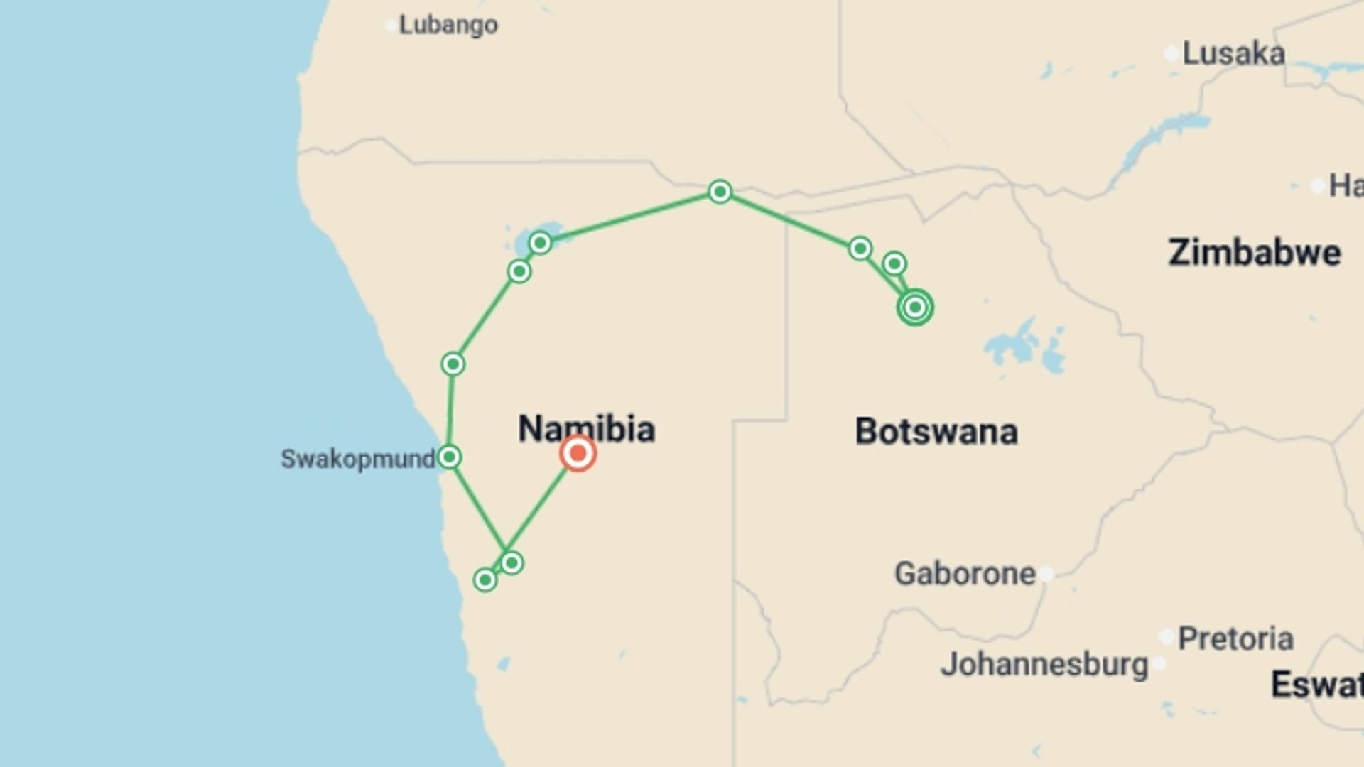 A map showing the tour itinerary for the trip: Botswana & Namibia: Delta & Dunes, starting in Maun, Botswana and ending in Windhoek, Namibia going through 9 other destinations.
