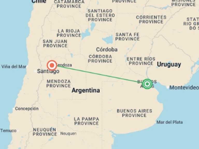 Map itinerary of South America Tour in February 2027 with 2 destination visits for the trip: 7-day Buenos Aires & Mendoza Experience