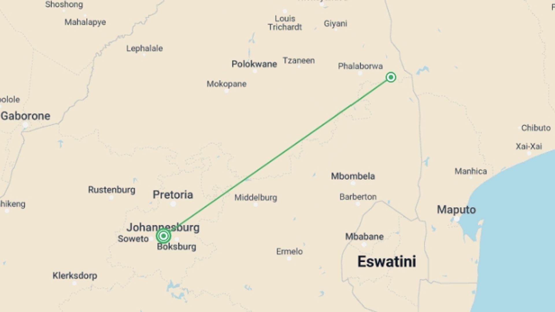 A map showing the tour itinerary for the trip: 5 Day Classic Kruger Park Safari, starting in Johannesburg, South Africa and ending in Johannesburg, South Africa going through 2 other destinations.