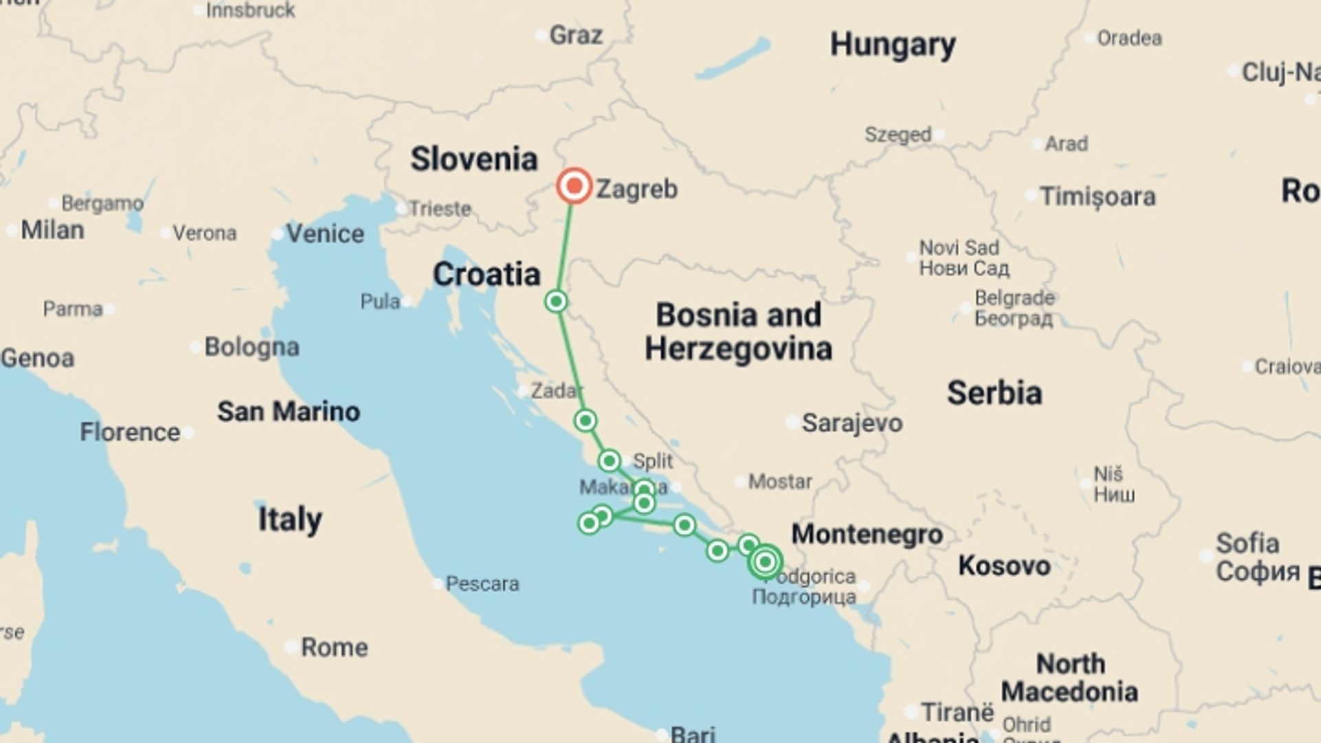 A map showing the tour itinerary for the trip: Adriatic Islands & Lakes (Deluxe) - 10 days, starting in Dubrovnik, Croatia and ending in Zagreb, Croatia going through 7 other destinations.