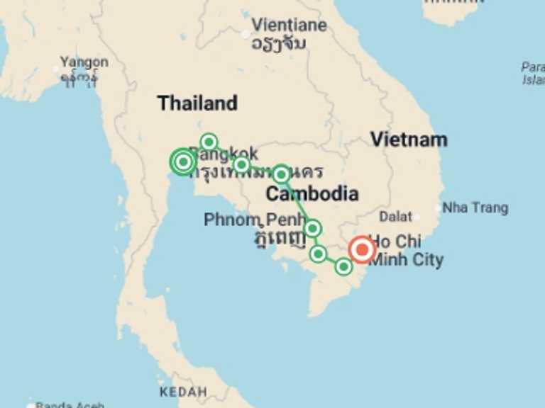 Map of 14-Day Ho Chi Minh City Tour with 8 destination visits for the trip: Bangkok to Saigon by Bike