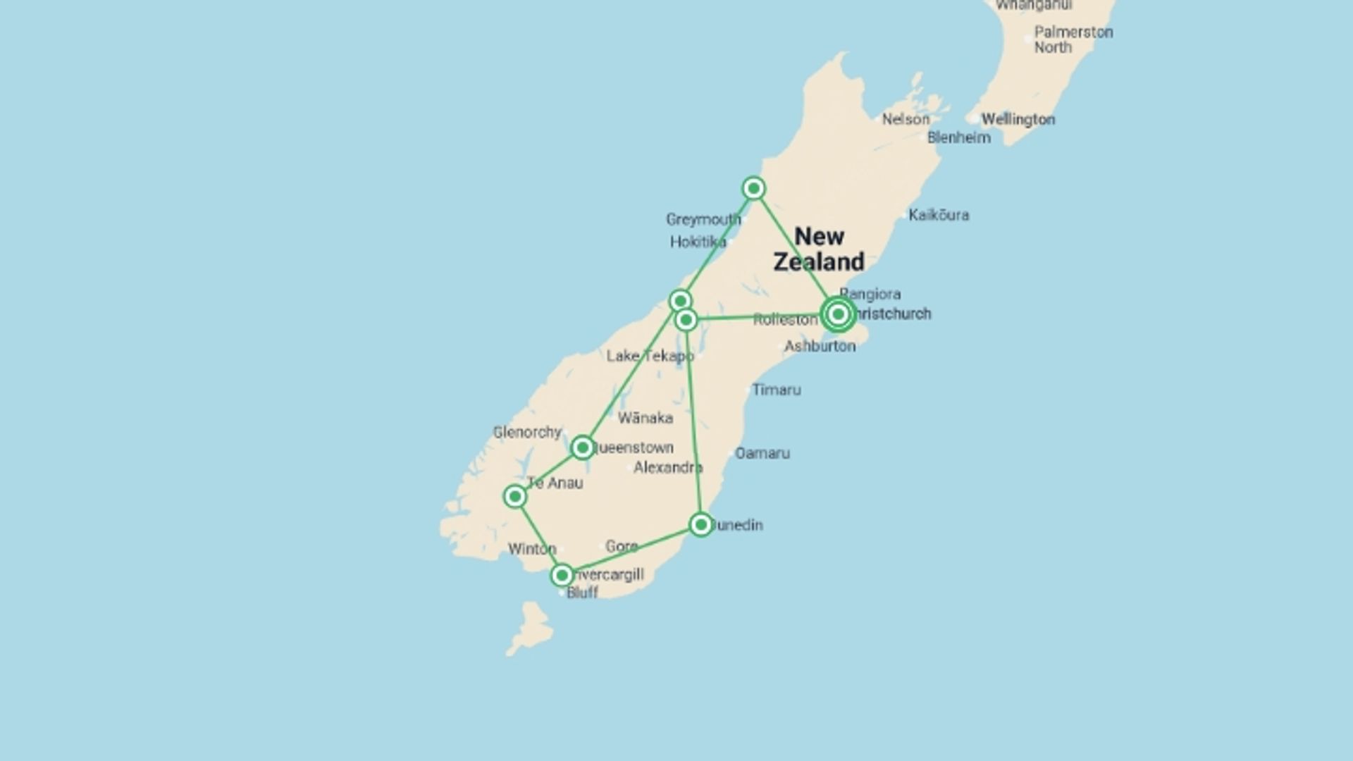 A map showing the tour itinerary for the trip: South Island Grand Discovery (Superior) - 14 days, starting in Christchurch, New Zealand and ending in Christchurch, New Zealand going through 5 other destinations.