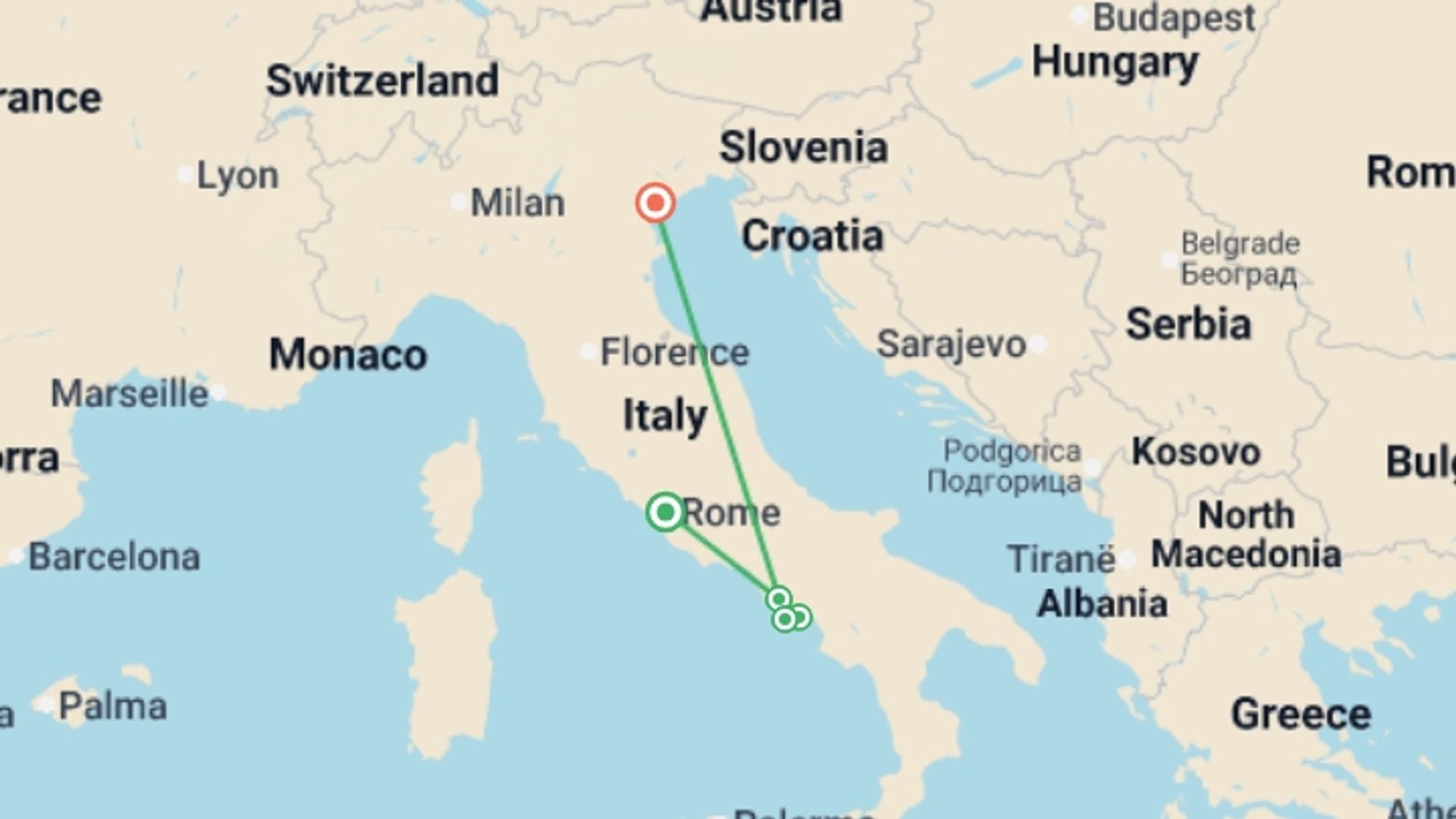 A map showing the tour itinerary for the trip: Amalfi Coast Private Hiking Adventure, starting in Rome, Italy and ending in Venice, Italy going through 3 other destinations.