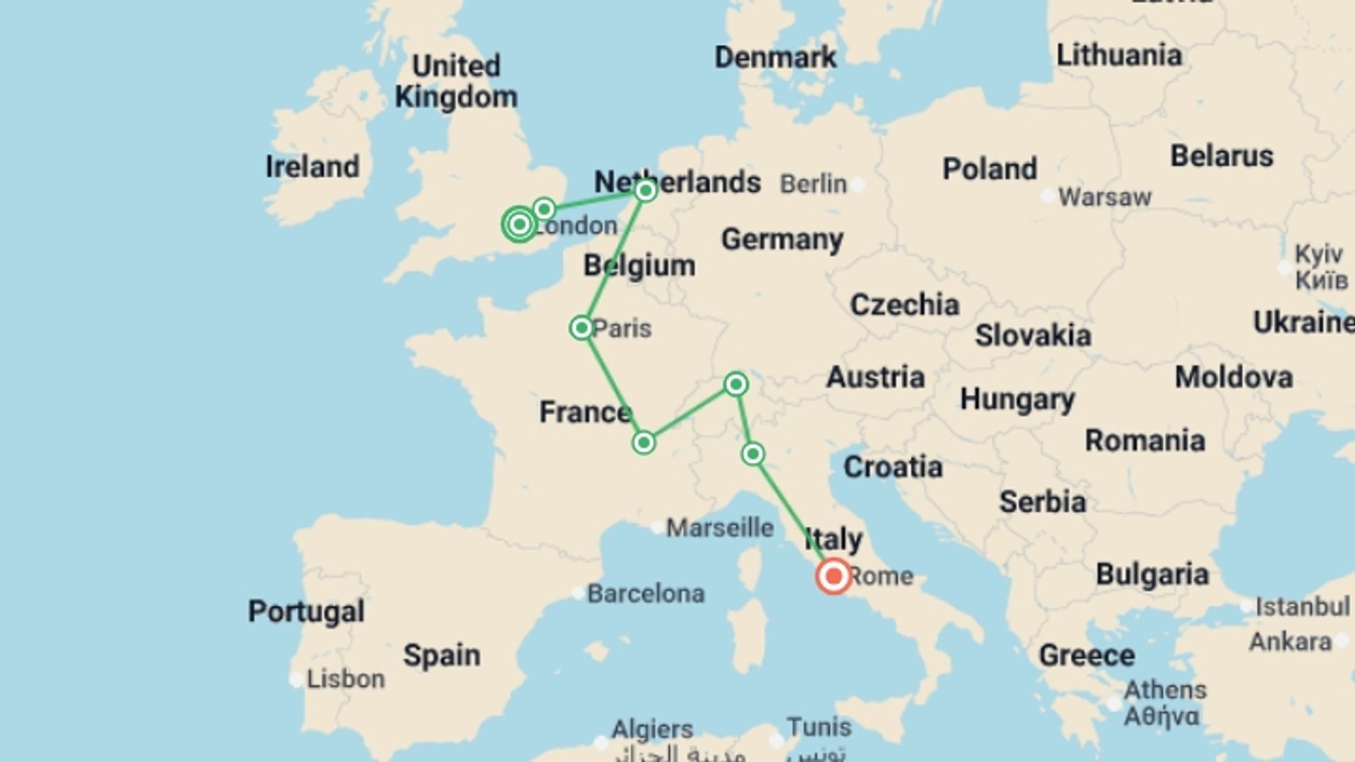 A map showing the tour itinerary for the trip: Trekking Through the Continent with Rome, starting in London, England and ending in Rome, Italy going through 6 other destinations.