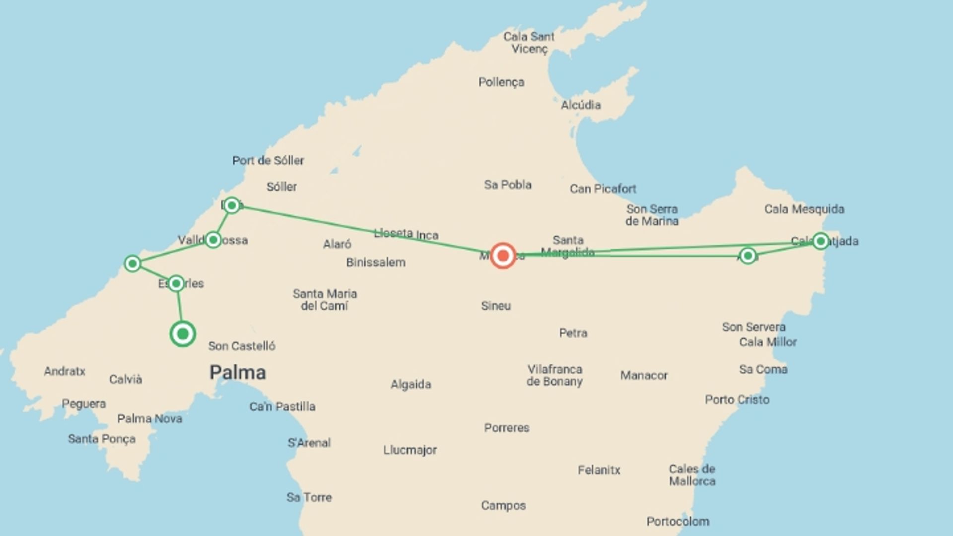 A map showing the tour itinerary for the trip: Walking in Mallorca, starting in Majorca, Spain and ending in Mallorca, Spain going through 6 other destinations.