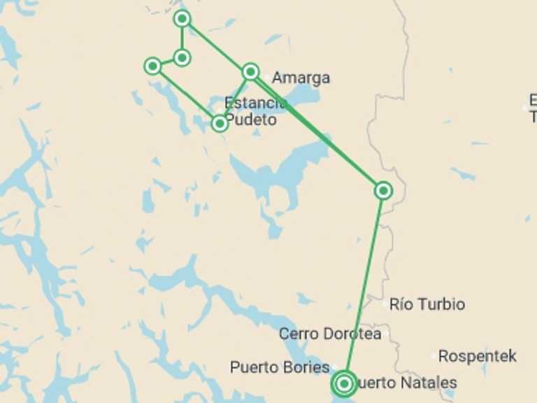 Map of Chile Tour with 10 destination visits for the trip: Torres del Paine Circuit