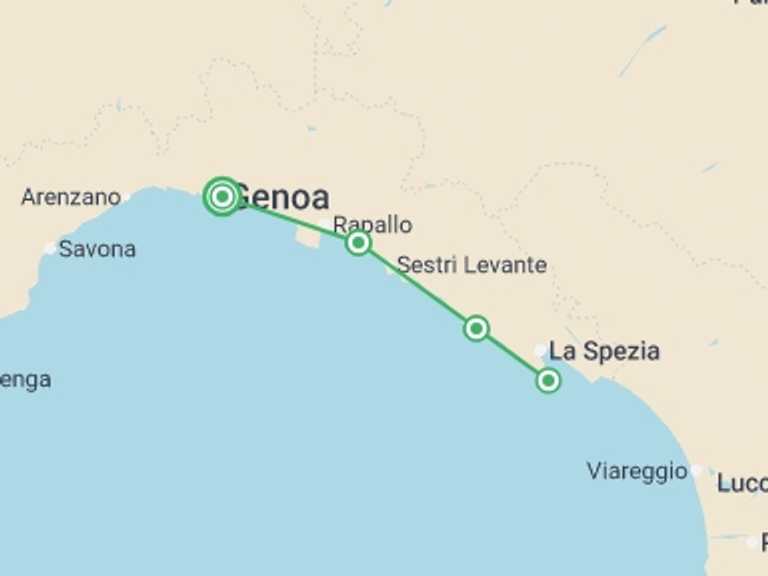 Map itinerary of Italy Tour in August 2027 with 4 destination visits for the trip: Walks & Food of the Italian Riviera