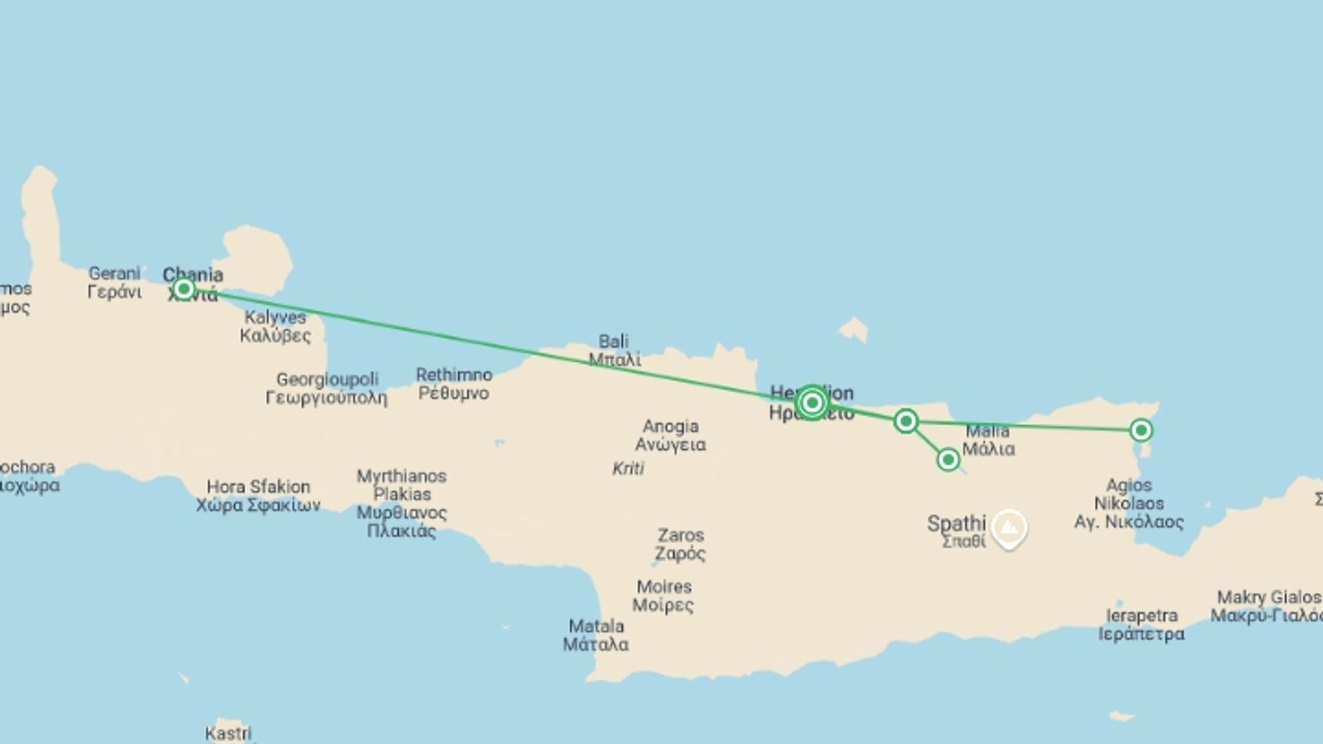 A map showing the tour itinerary for the trip: Treasures Of Crete, starting in Heraklion, Greece and ending in Heraklion, Greece going through 1 other destinations.
