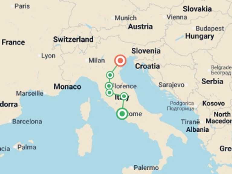 Map itinerary of Italy Tour in Summer with 3 destination visits for the trip: Rome to Venice Express - 4 days