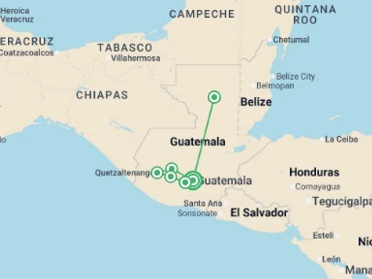 Map itinerary of Central America Tour in December 2026 with 6 destination visits for the trip: Guatemala Encompassed