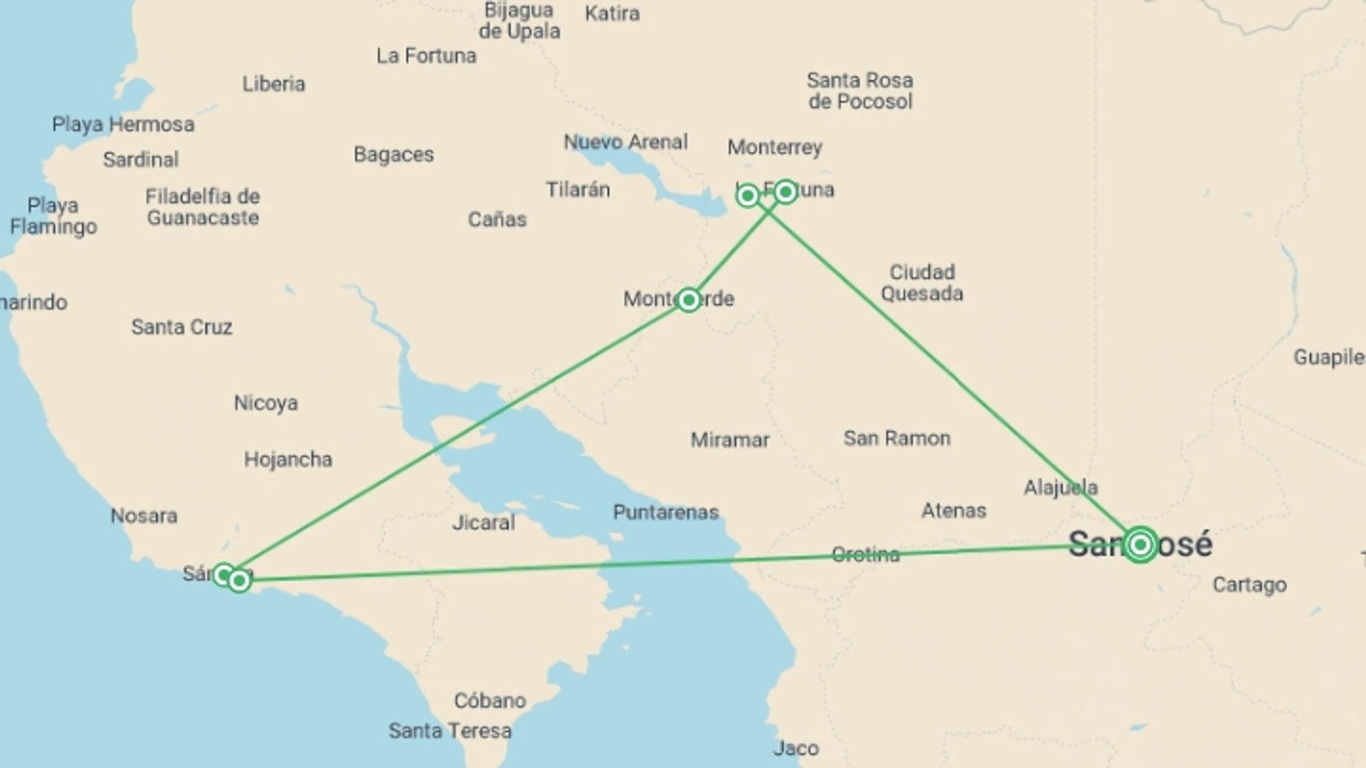 A map showing the tour itinerary for the trip: Costa Rica Family Escape, starting in San Jose, Costa Rica and ending in San Jose, Costa Rica going through 3 other destinations.